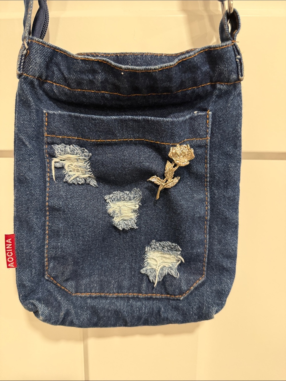 Vintage AOCINA Denim Crossbody Bag Distressed Silver Rose Pin 🌹